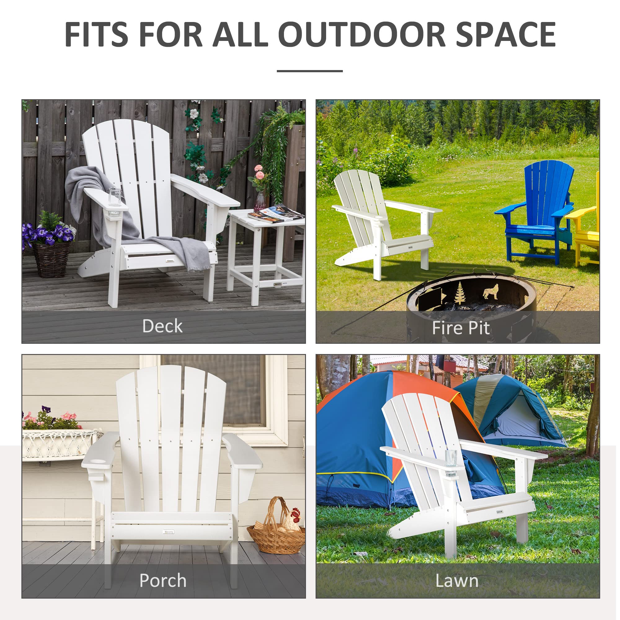 Outsunny Adirondack Chair with Cup Holder, All Weather Patio Chair HDPE Lounger, Fire Pit Seating High Back and Wide Seat for Outdoor, Backyard, Garden, Deck, Lawn, White