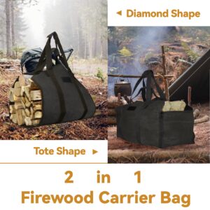 Cupohus Extra Large 2in1 Firewood Carrier Waxed Canvas Bag 44”x23”, Heavy Duty Log Holder Tote Bag with Handles and Shoulder Strap for Indoor Fireplace Wood Stove Accessories, Outdoor Camping (Black)