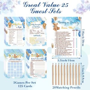 125 Pcs Bear Baby Shower Games for Boy Girl 5 Game Activities Bear Cards with 20 Pencils Includes Baby Bingo Guess Who Baby Price is Right Description Word Scramble Game(Blue)