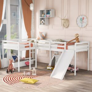 Harper & Bright Designs Twin Loft Bed for Kids, L-Shape Loft Beds with Slide, Low Loft Bed Frame Corner Bunk Bed for Kids, Wooden Loft Bed for Girls Boys Teens (New, White)