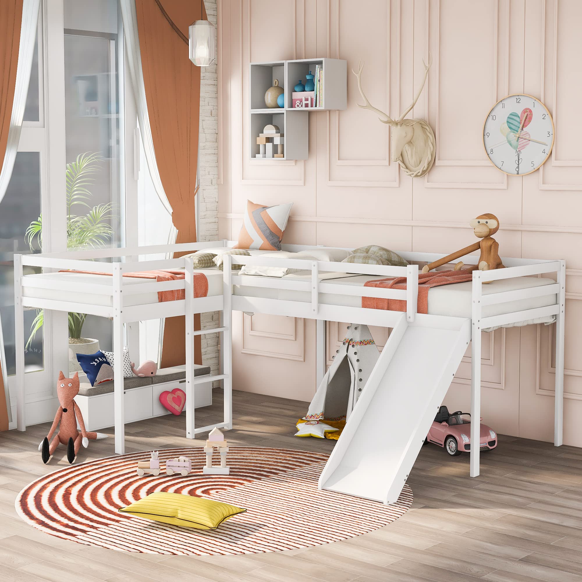 Harper & Bright Designs Twin Loft Bed for Kids, L-Shape Loft Beds with Slide, Low Loft Bed Frame Corner Bunk Bed for Kids, Wooden Loft Bed for Girls Boys Teens (New, White)