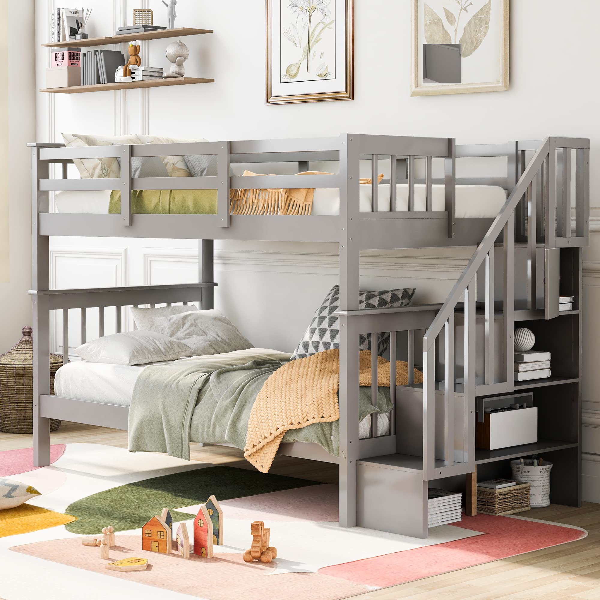 Harper & Bright Designs Twin Bunk Beds, Twin Over Twin Bunk Bed with Stairs and Storage, Low Bunk Beds Twin Over Twin for Kids Girls Boys, Grey