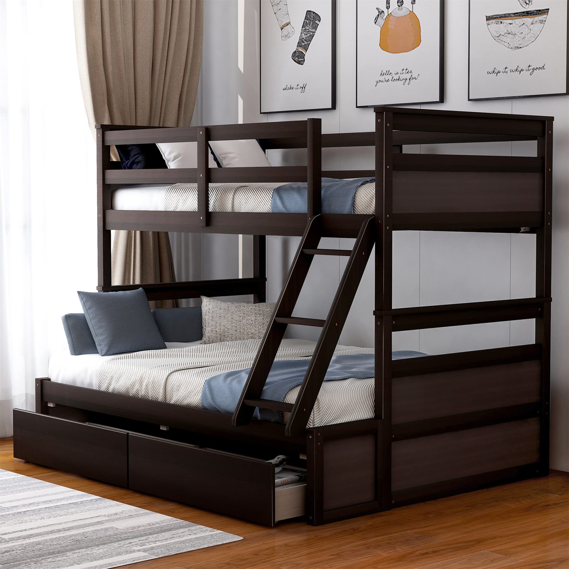 Harper & Bright Designs Solid Wood Bunk Bed with Storage Drawers, Twin Over Full Bunk Bed with Ladder and Safety Guard Rail for Boys, Girls, Teens and Adults (Espresso)