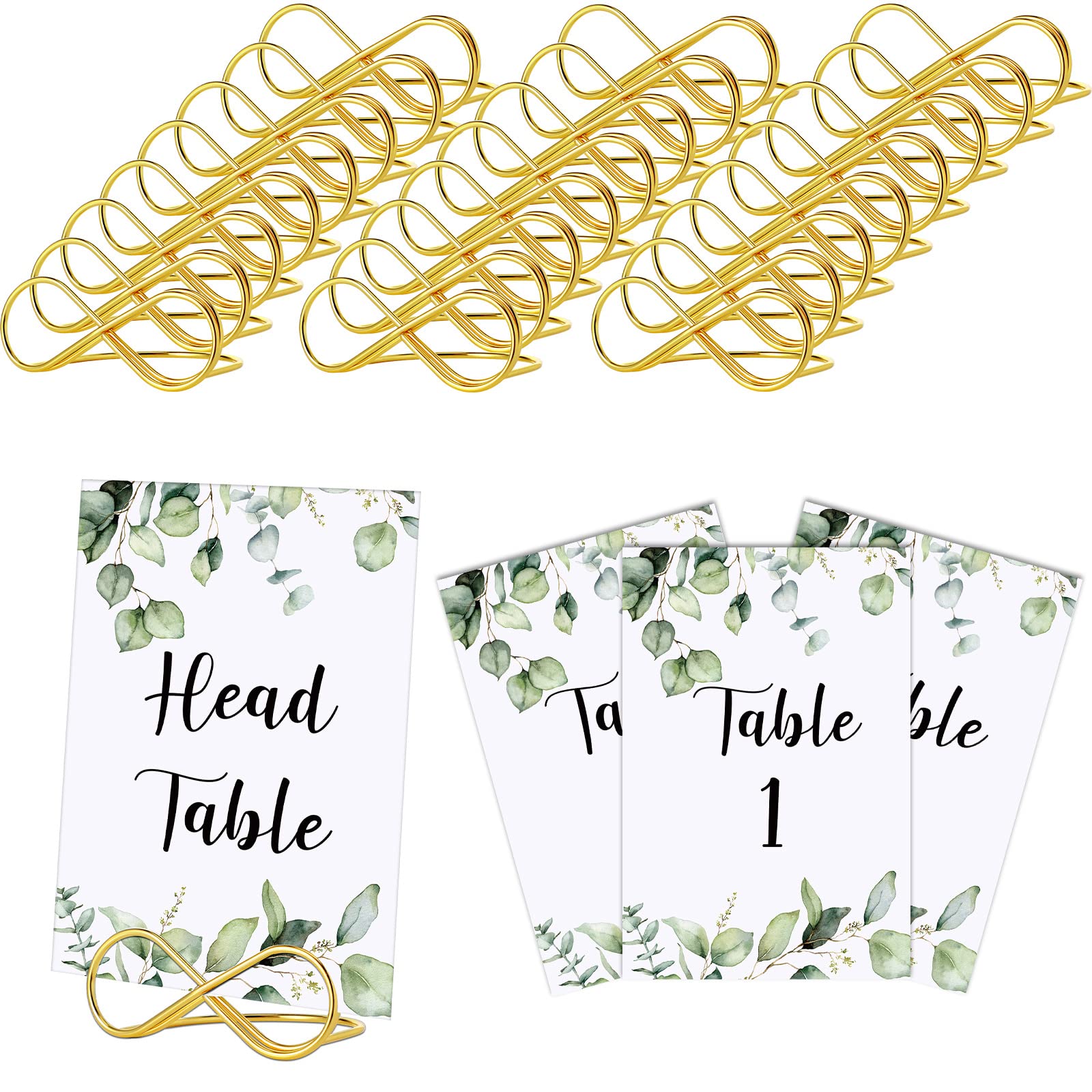 26 Pieces Wedding Table Numbers with 26 Gold Table Number Holders Greenery Eucalyptus Table Numbers for Wedding Reception Table Cards with Head Gold Seating Label for Anniversary Birthday Bridal Party