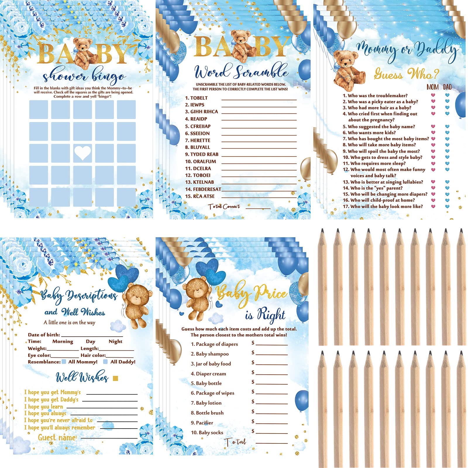 125 Pcs Bear Baby Shower Games for Boy Girl 5 Game Activities Bear Cards with 20 Pencils Includes Baby Bingo Guess Who Baby Price is Right Description Word Scramble Game(Blue)