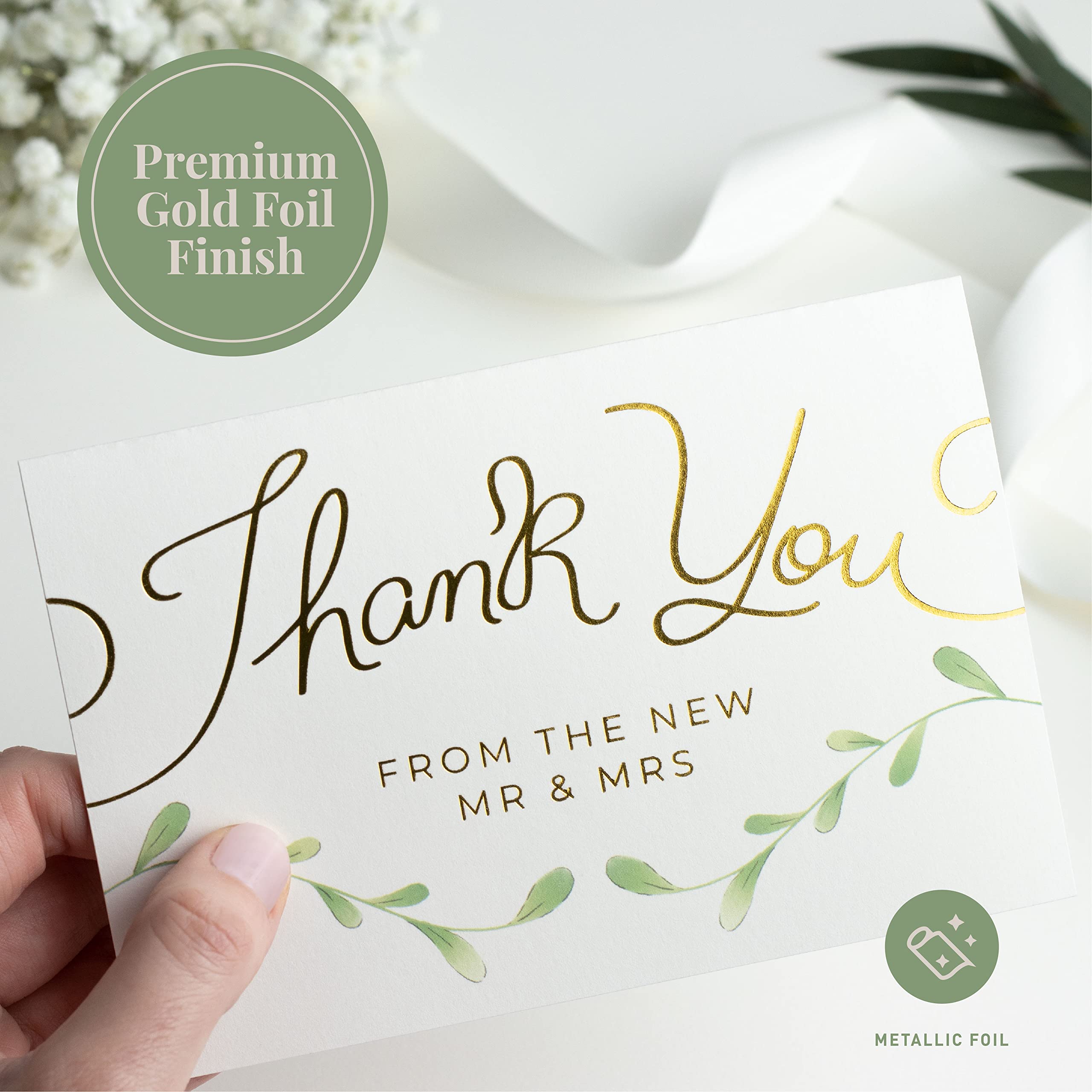 Rileys & Co Thank You Wedding Cards with Envelopes & Stickers, 100 Bulk Pack, Gold Foil, Mr and Mrs Thank You Notes Bulk Cards, | Thank You From the New Mr & Mrs. (Gold)