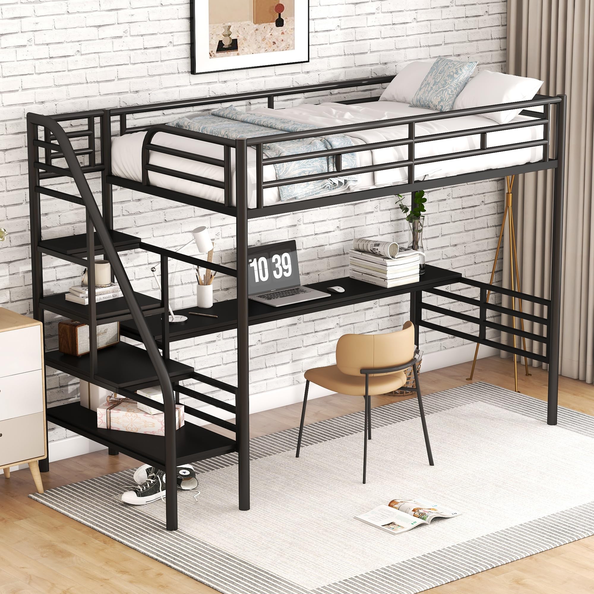 Harper & Bright Designs Metal Twin Loft Bed with Desk, Twin Size Loft Bed with Stairs and Workstation Desk for Kids Teens, Space Saving Metal Loft Bed Frame,No Box Spring Needed, Black