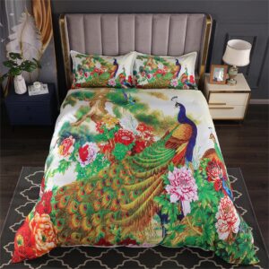 ygnniu peacock duvet cover queen size floral pattern bedding set retro chinese style peacock floral theme duvet cover (1 duvet cover and 2 pillowcases) with hidden zipper