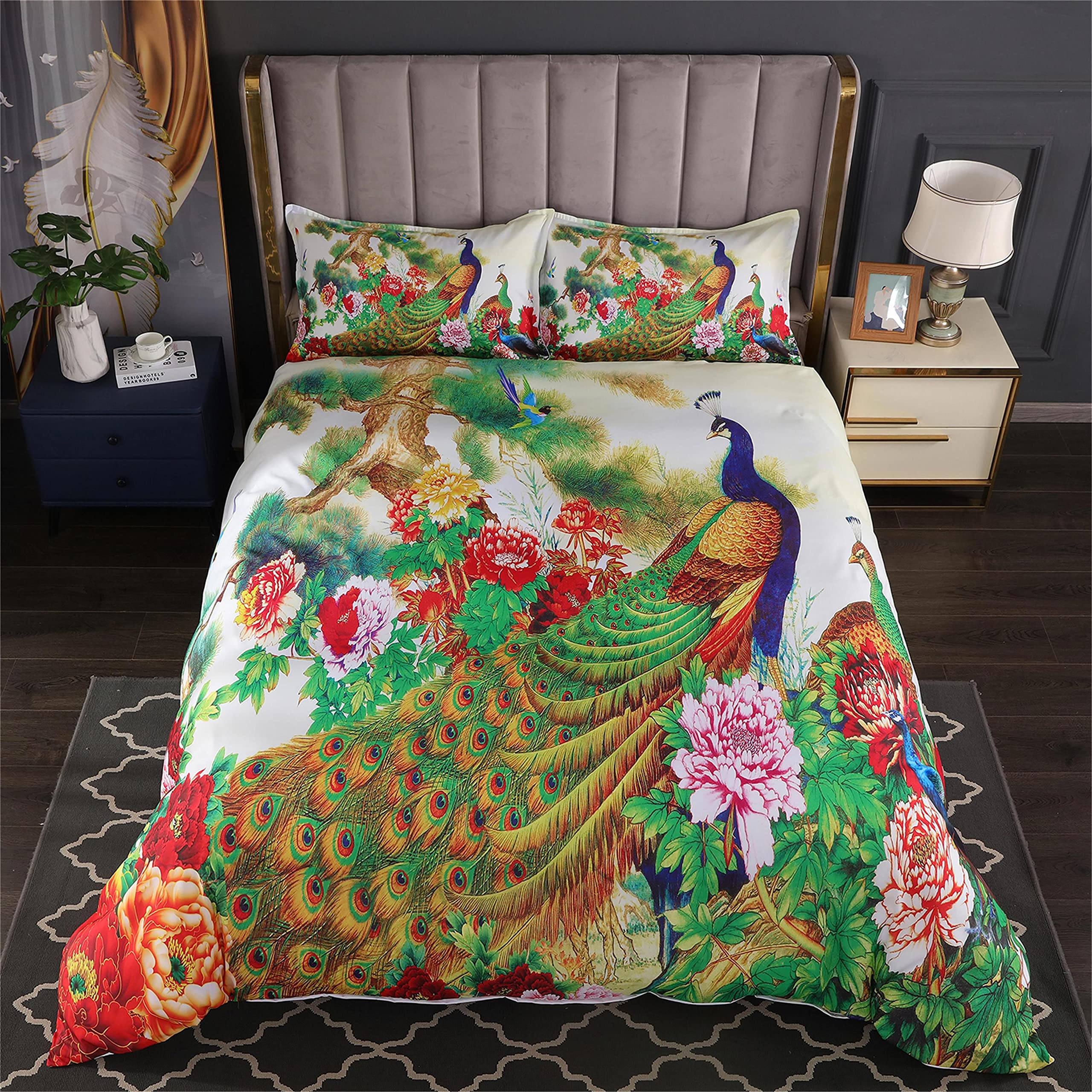 YGNNIU Peacock Duvet Cover Queen Size Floral Pattern Bedding Set Retro Chinese Style Peacock Floral Theme Duvet Cover (1 Duvet Cover and 2 Pillowcases) with Hidden Zipper