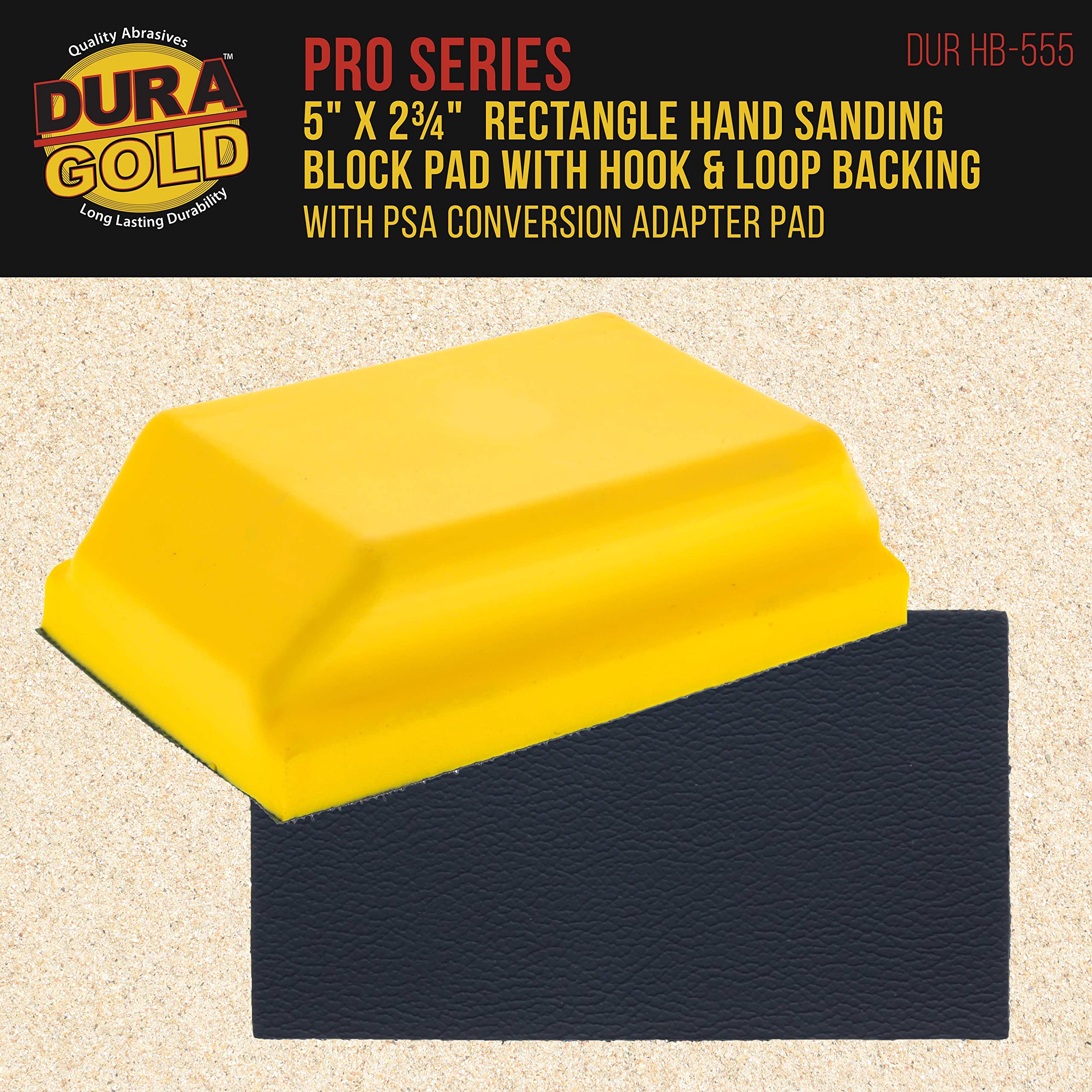 Dura-Gold Pro Series Rectangle 5" x 2-3/4" Hand Sanding Block Pad with Hook & Loop Backing and PSA Sandpaper Conversion Adapter Pad - Automotive Paint Prep Sand Shape Contour Woodworking Furniture