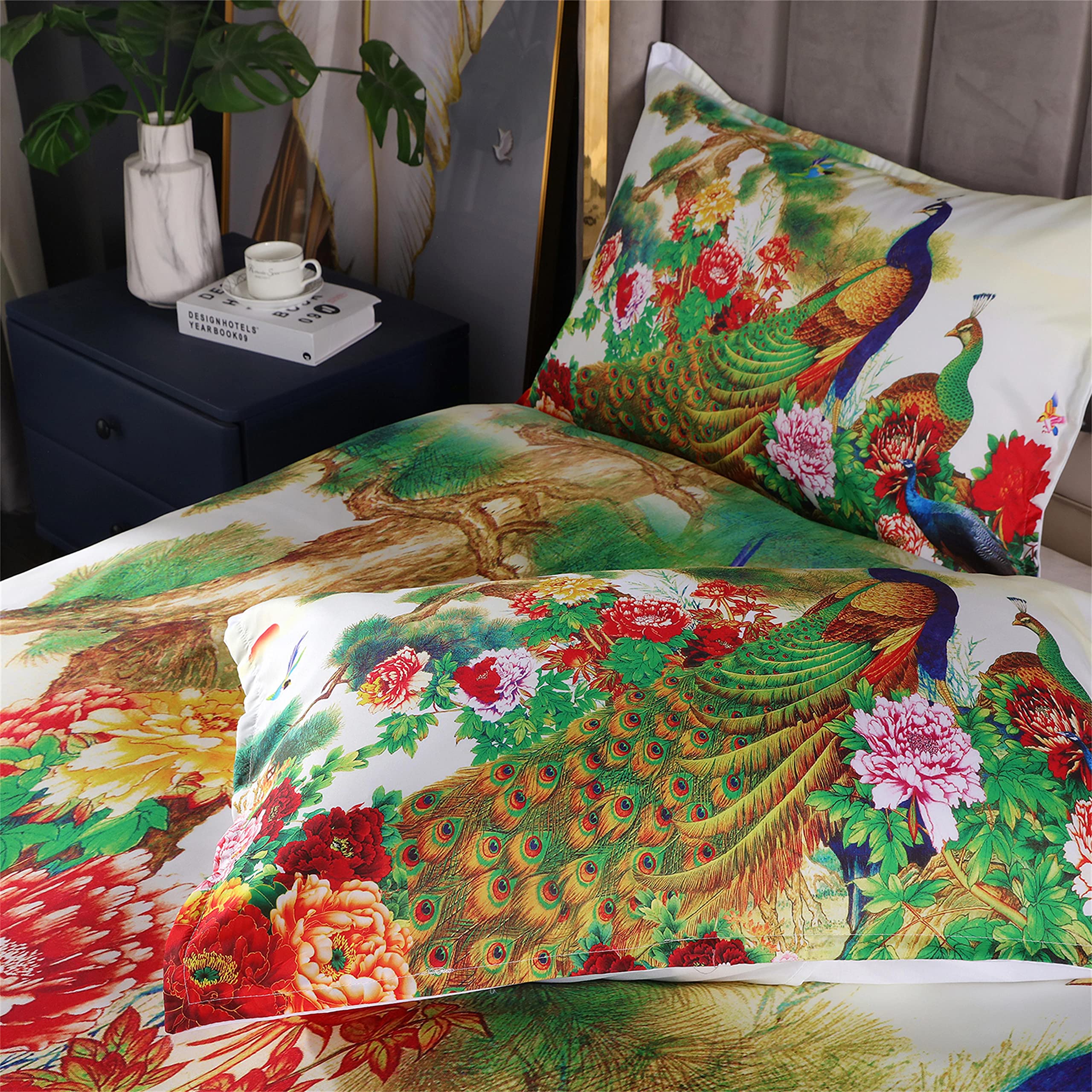 YGNNIU Peacock Duvet Cover Queen Size Floral Pattern Bedding Set Retro Chinese Style Peacock Floral Theme Duvet Cover (1 Duvet Cover and 2 Pillowcases) with Hidden Zipper