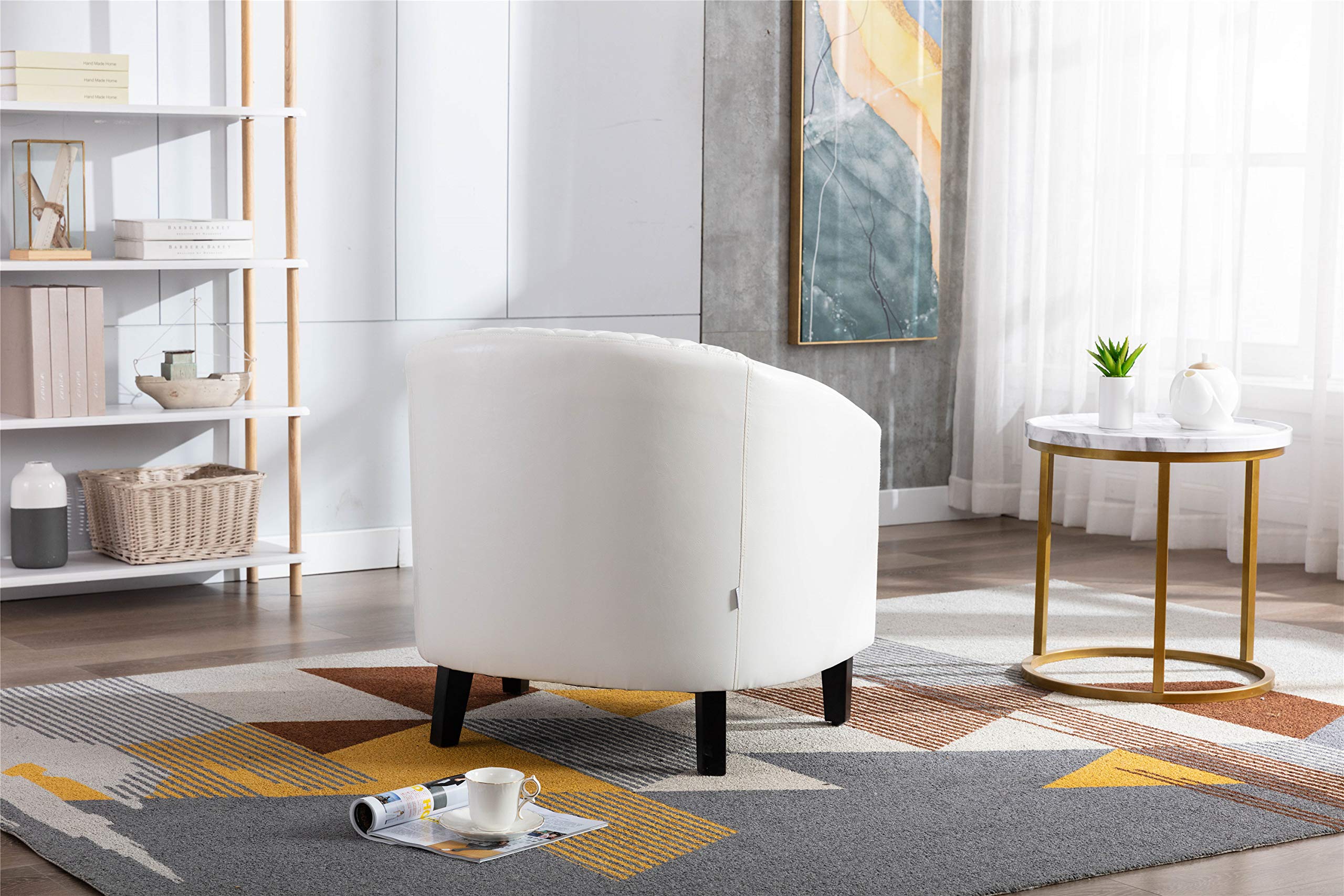 Accent Barrel Chair with Nail Head, Stylish Reading Armchair, Rivet Chair for Waiting Room, Leather Side Chair with Wood Legs,Modern Club Padded Chair for Living Room, Bedroom, Home & Office (White)