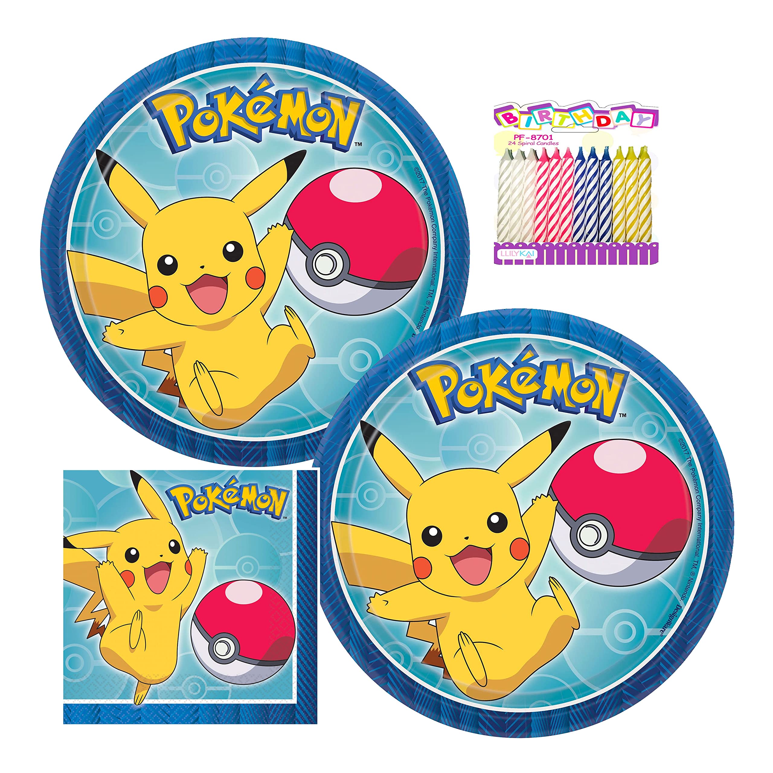 Pokémon Party Supplies Pack Serves 16: 7" Plates and Beverage Napkins with Birthday Candles (Bundle for16)