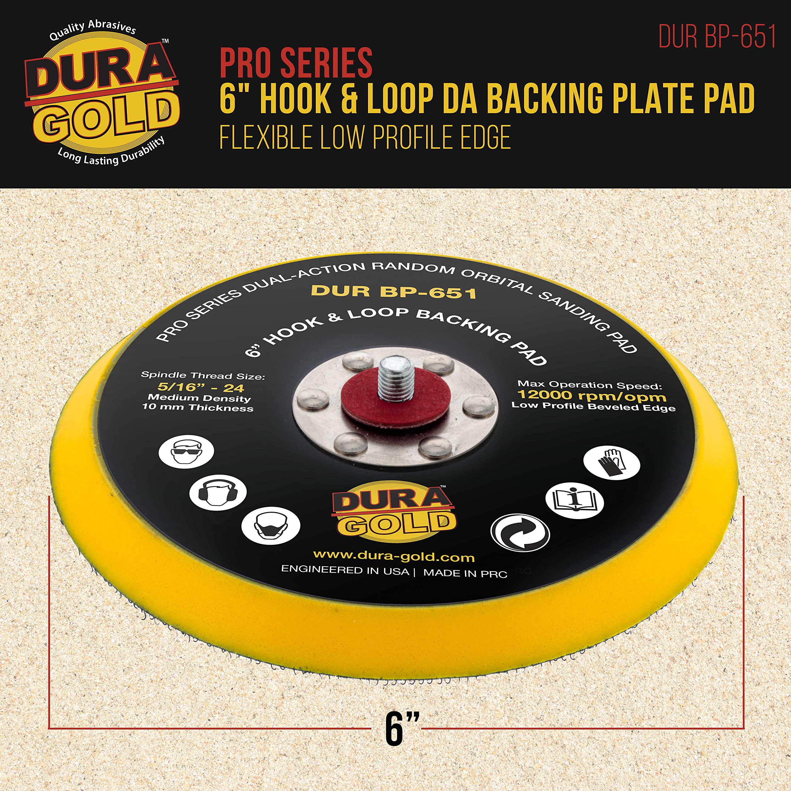 Dura-Gold Pro Series 6" Hook & Loop DA Backing Plate Pad - Low Profile Edge, Medium Density, Dual-Action Random Orbital Sanding Pad, 5/16" - 24 Threads - For Sander Polisher Auto Woodworking Sandpaper