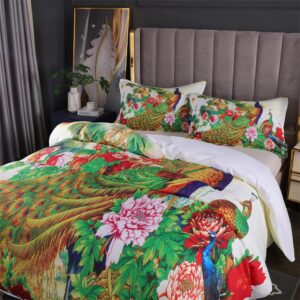 YGNNIU Peacock Duvet Cover Queen Size Floral Pattern Bedding Set Retro Chinese Style Peacock Floral Theme Duvet Cover (1 Duvet Cover and 2 Pillowcases) with Hidden Zipper