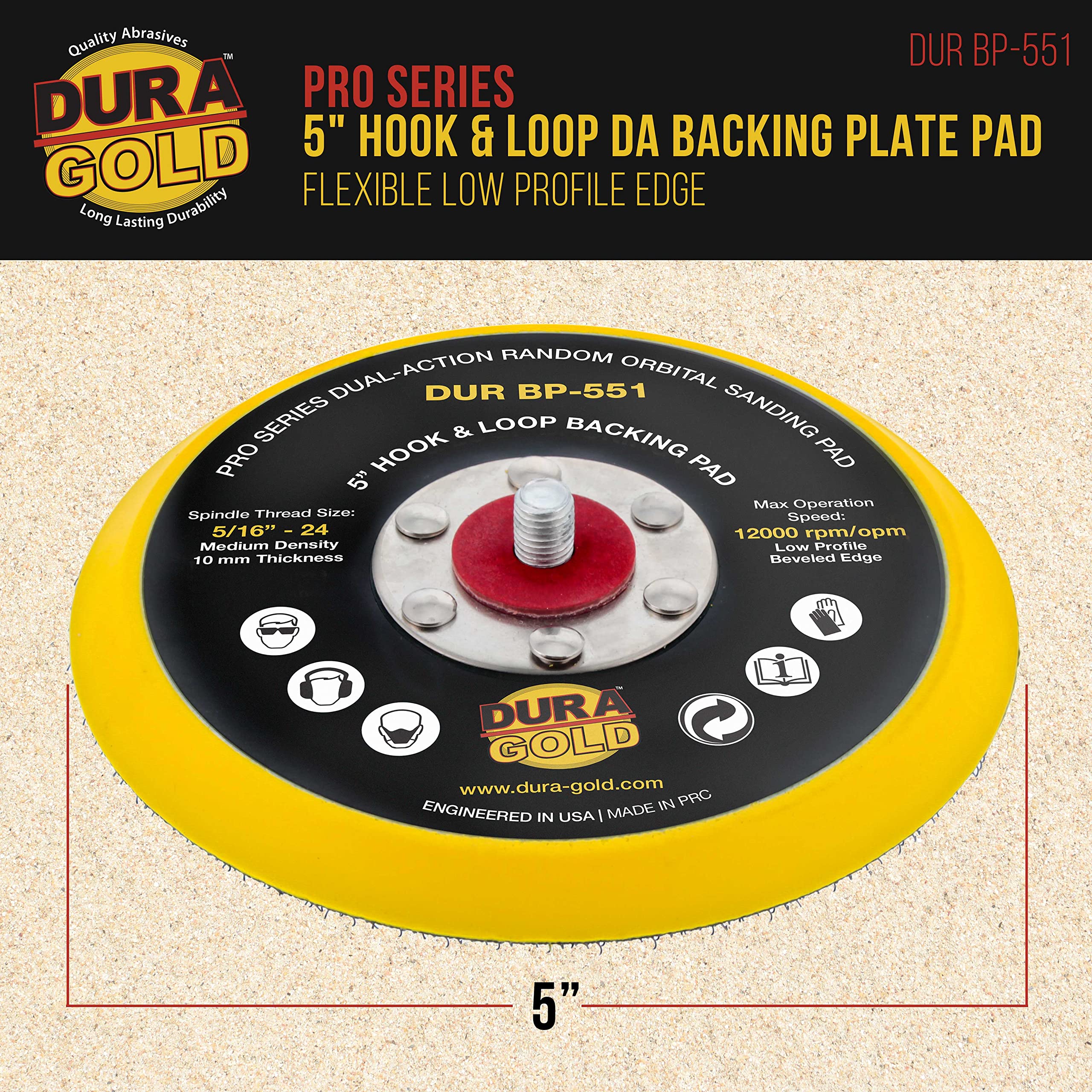 Dura-Gold Pro Series 5" Hook & Loop DA Backing Plate Pad - Low Profile Edge, Medium Density, Dual-Action Random Orbital Sanding Pad, 5/16" - 24 Threads - For Sander Polisher Auto Woodworking Sandpaper