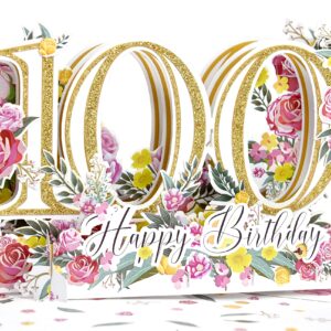 100th Birthday Pop-Up Card, Elegant Floral Design with Glittering Gold Accents, Stunning 3D Pop-Up Greeting Card for Milestone Celebrations