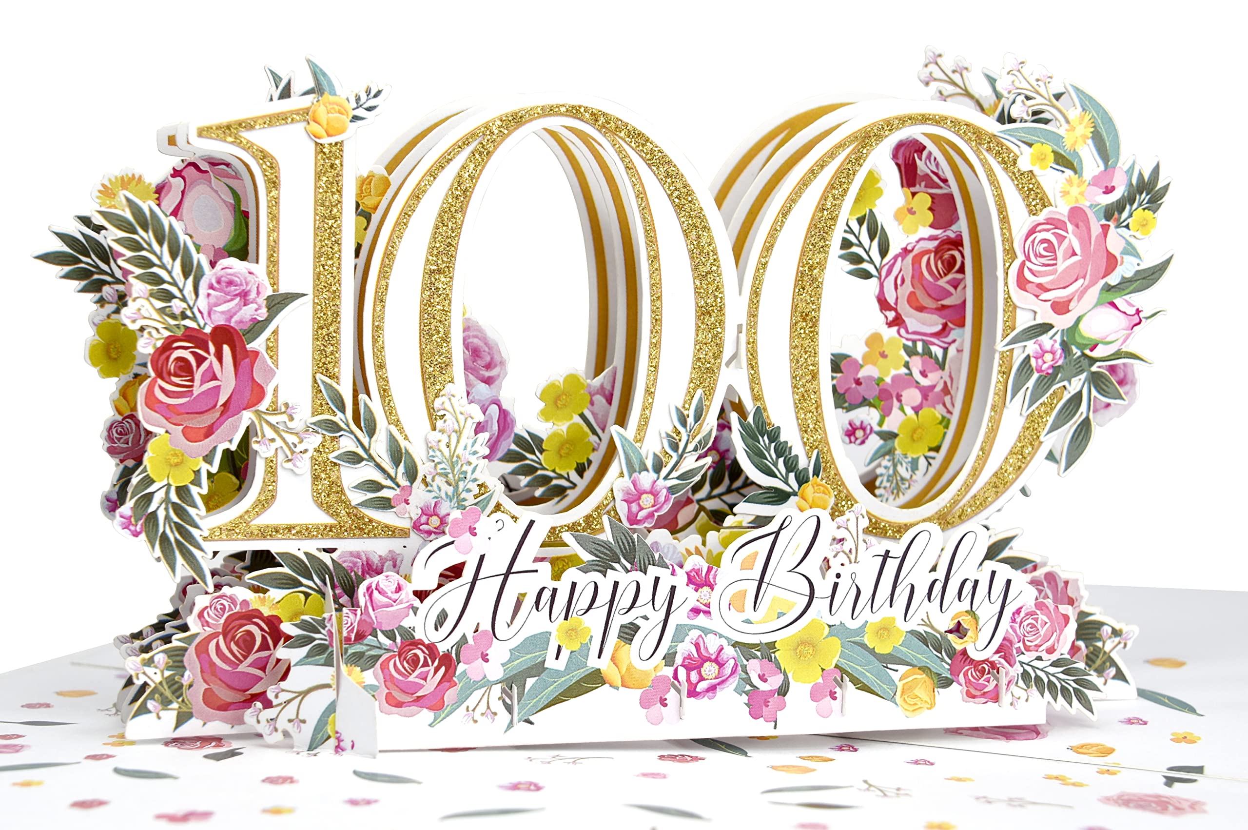 100th Birthday Pop-Up Card, Elegant Floral Design with Glittering Gold Accents, Stunning 3D Pop-Up Greeting Card for Milestone Celebrations