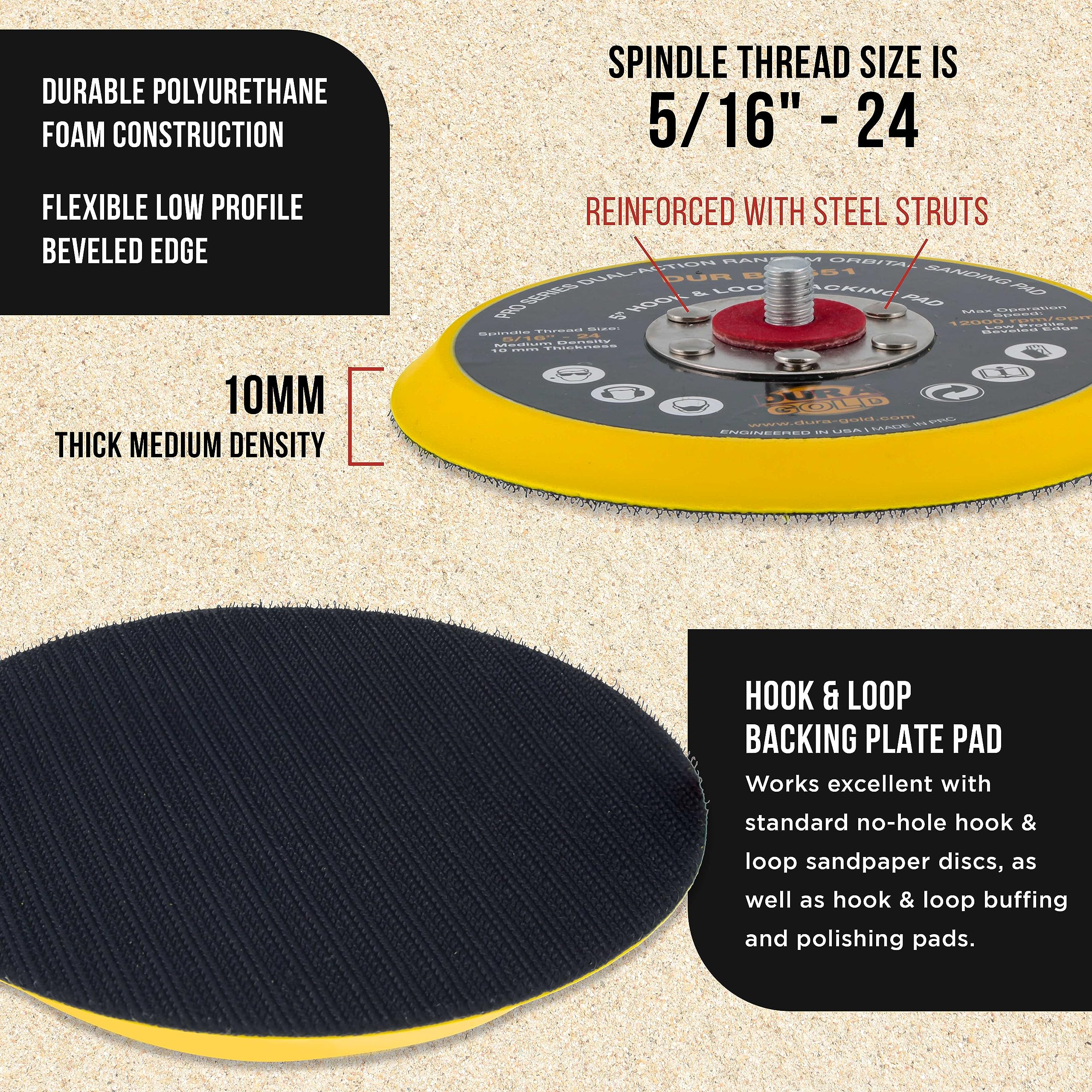 Dura-Gold Pro Series 5" Hook & Loop DA Backing Plate Pad - Low Profile Edge, Medium Density, Dual-Action Random Orbital Sanding Pad, 5/16" - 24 Threads - For Sander Polisher Auto Woodworking Sandpaper