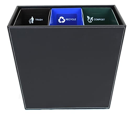 Hospitality Source Recycle Waste Bin, Leatherette with Color Coded & Fire Rated Liners. 14.25" x 9.5" x 12" Black