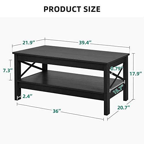 YITAHOME Coffee Table for Living Room,Modern Farmhouse Coffee Table with Storage,2-Tier Center Table for Living Room Wood Living Room Table Accent Cocktail with Sturdy Frame,Black