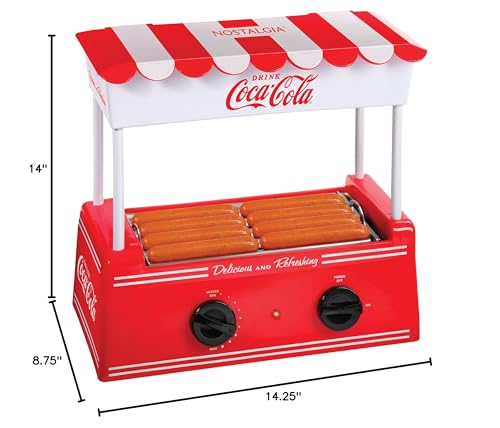 Nostalgia Coca-Cola Hot Dog Roller Holds 8 Regular Sized or 4-Foot-Long Hot Dogs and 6 Bun Capacity, Stainless Steel Rollers, Perfect For Breakfast Sausages, Brats, Taquitos, Egg Rolls, Red/White