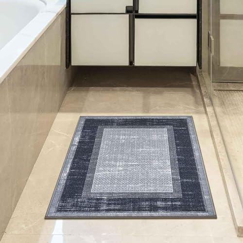 Ottomanson Ottohome Non-Slip Rubberback Bordered Design 2x3 Indoor Area Rug/Entryway Mat, 2'3" x 3', Gray/Navy