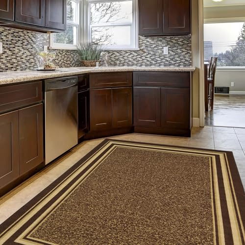 Ottomanson Ottohome Non-Slip Rubberback Bordered Design 5x7 Indoor Area Rug, 5' x 6'6", Brown