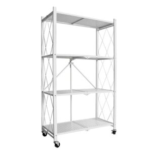 4-Shelf General Purpose Collapsible/Foldable Shelving Unit, Sturdy Storage Rack with Caster Wheels. 4-Tier Organizer, Laundry/kitchen storage shelves, Heavy Duty Metal Frame, No Assemble Needed, White