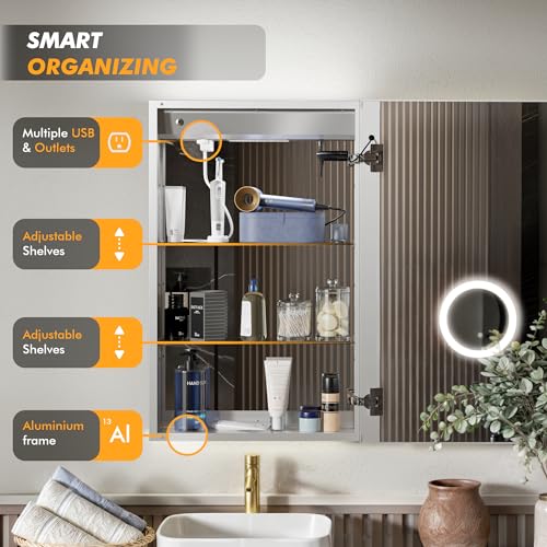 KRISTALLUM LED Lighted Medicine Cabinet Front & Backlit Dimmable Colours, Clock & Temp, USB Outlets