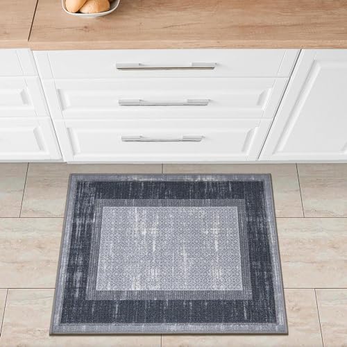 Ottomanson Ottohome Non-Slip Rubberback Bordered Design 2x3 Indoor Area Rug/Entryway Mat, 2'3" x 3', Gray/Navy