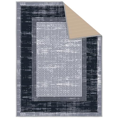 Ottomanson Ottohome Non-Slip Rubberback Bordered Design 2x3 Indoor Area Rug/Entryway Mat, 2'3" x 3', Gray/Navy