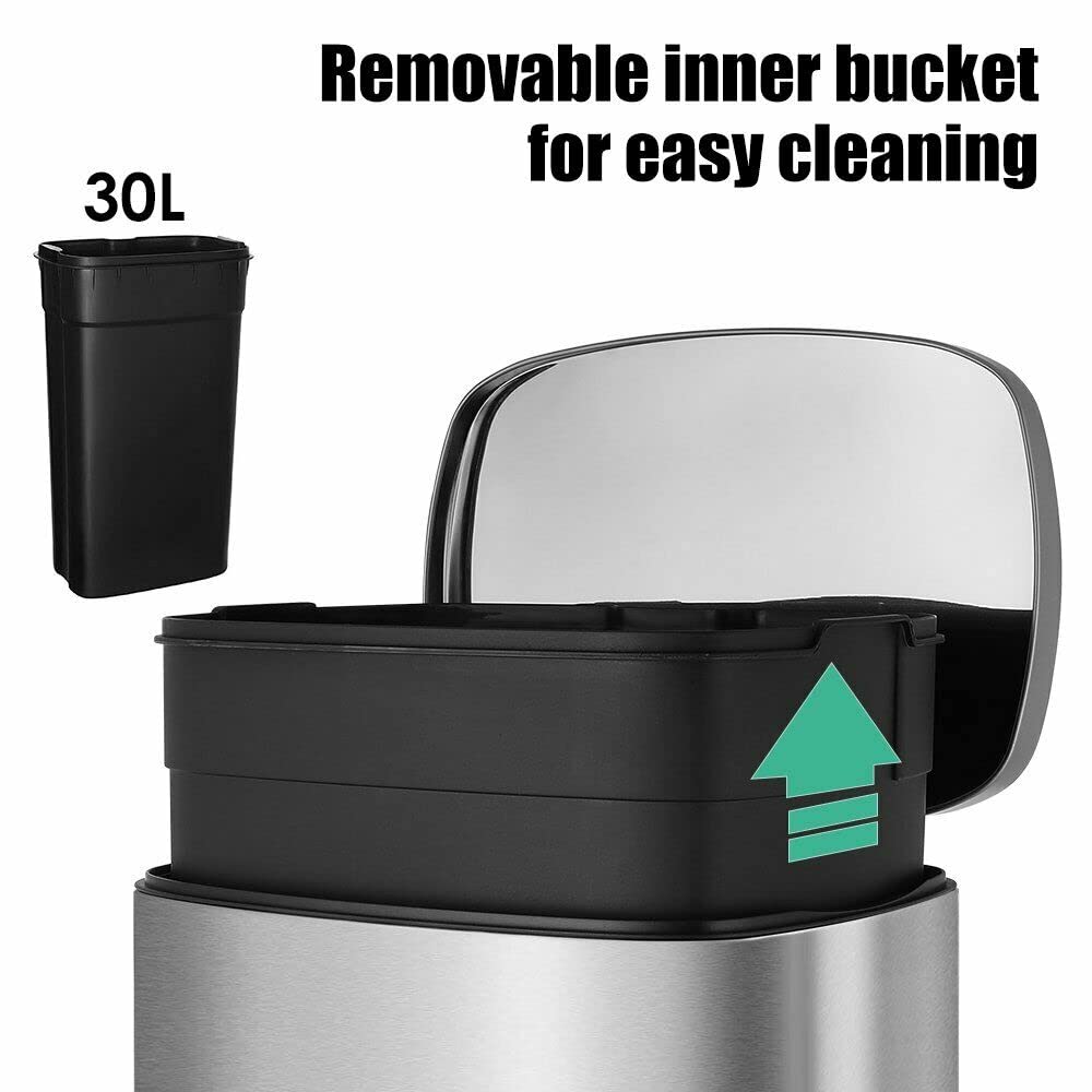 Increkid 8 Gal Trash Can, Stainless Steel Garbage Can with Lid, Step-on Rubbish Bin for Kitchen w/Removable Plastic Inner Bucket, Metal Pedal, Dustbin for Bedroom Livingroom Home Office (Silver)