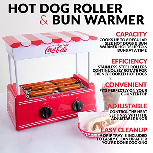 Nostalgia Coca-Cola Hot Dog Roller Holds 8 Regular Sized or 4-Foot-Long Hot Dogs and 6 Bun Capacity, Stainless Steel Rollers, Perfect For Breakfast Sausages, Brats, Taquitos, Egg Rolls, Red/White