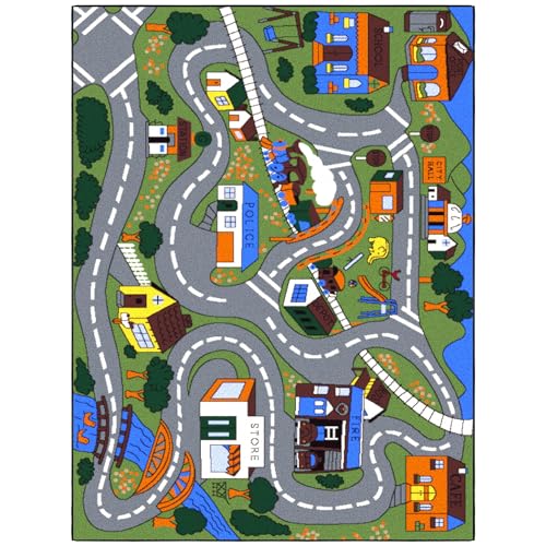 Ottomanson Jenny Collection Non-Slip Rubberback Educational Town Traffic Play Design 3x5 Kid's Area Rug, 3'3" x 5', Green/Multicolor