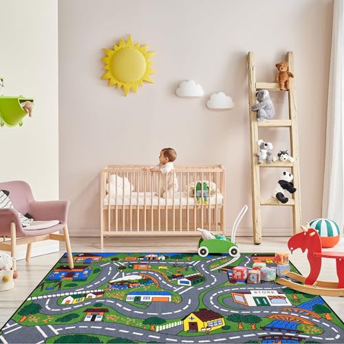 Ottomanson Jenny Collection Non-Slip Rubberback Educational Town Traffic Play Design 3x5 Kid's Area Rug, 3'3" x 5', Green/Multicolor