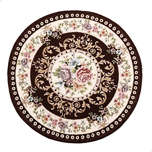 Tyrafry 4ft Floral Round Area Rug Classic Non-Slip Machine Washable Room Mat Sustainable Kitchen Rug Traditional Area Rug for Living Room, Brown