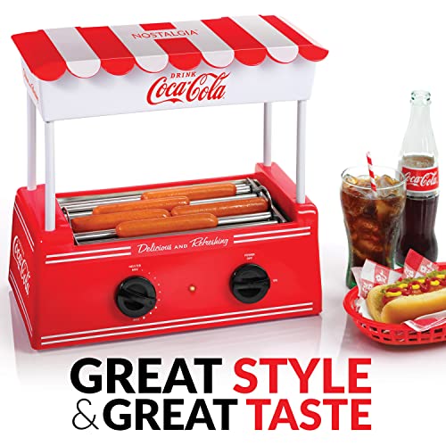 Nostalgia Coca-Cola Hot Dog Roller Holds 8 Regular Sized or 4-Foot-Long Hot Dogs and 6 Bun Capacity, Stainless Steel Rollers, Perfect For Breakfast Sausages, Brats, Taquitos, Egg Rolls, Red/White