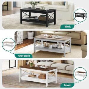 YITAHOME Coffee Table for Living Room,Modern Farmhouse Coffee Table with Storage,2-Tier Center Table for Living Room Wood Living Room Table Accent Cocktail with Sturdy Frame,Black