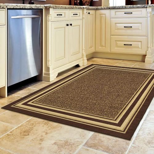 Ottomanson Ottohome Non-Slip Rubberback Bordered Design 3x5 Indoor Area Rug, 3'3" x 5', Brown