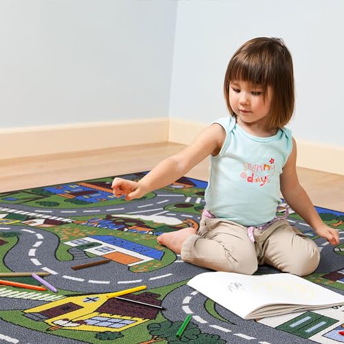 Ottomanson Jenny Collection Non-Slip Rubberback Educational Town Traffic Play Design 3x5 Kid's Area Rug, 3'3" x 5', Green/Multicolor