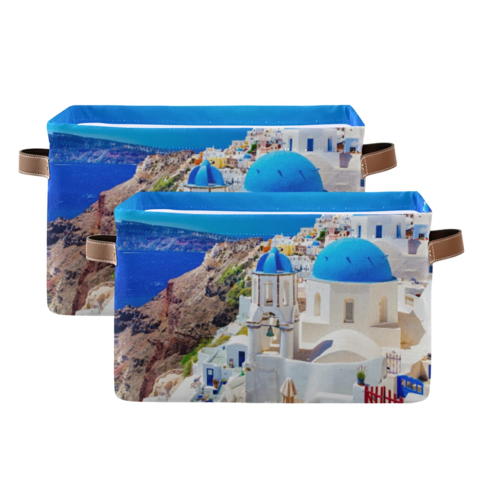 Oyihfvs Oia Town on Santorini Island Greece Famous Houses and Churches 1 PC Rectangle Storage Basket Collapsible Fabric with Leather Handles Bag Organizer Clothes for Home Bedroom 15 x 11 x 9.5 in