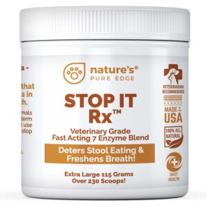 nature's pure edge no poop eating for dogs. coprophagia treatment. digestive enzyme with breath freshener. stop eating poop for dogs, stool eating deterrent. extra large 230 scoops in each jar.