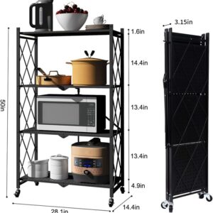 4-Shelf General Purpose Collapsible/Foldable Shelving Unit, Sturdy Storage Rack with Caster Wheels. 4-Tier Organizer, Laundry/kitchen storage shelves, Heavy Duty Metal Frame, No Assemble Needed, White