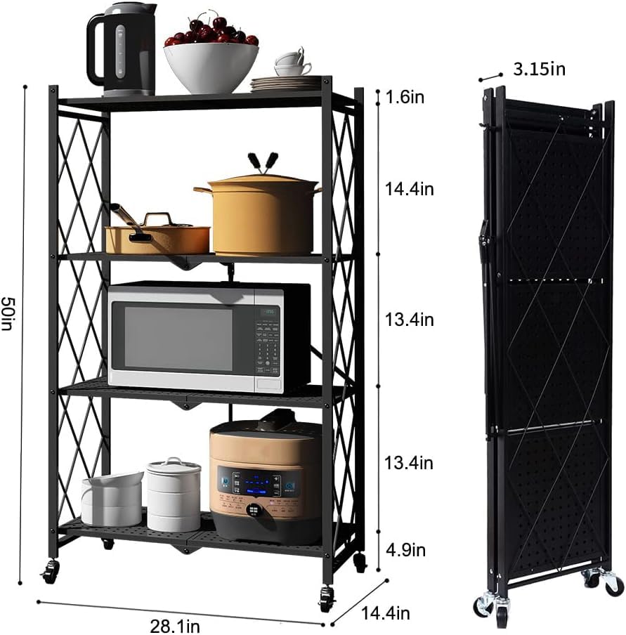 4-Shelf General Purpose Collapsible/Foldable Shelving Unit, Sturdy Storage Rack with Caster Wheels. 4-Tier Organizer, Laundry/kitchen storage shelves, Heavy Duty Metal Frame, No Assemble Needed, White