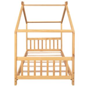 Bellemave Floor House Beds Wood Montessori Bed Frame Twin Size Platform Bed with Headboard & Footboard for Kids Boys Girls Teens, Natural