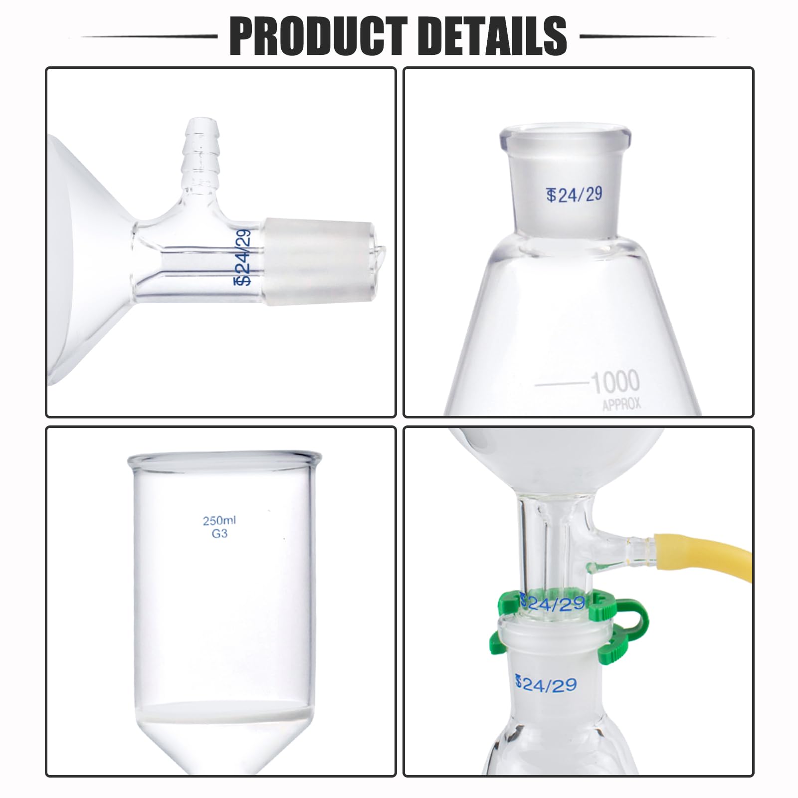 Buchner Funnel Filtering Kit with 1000 ml Filter Bottle and 250 ml Buchner Funnel, G3 Borosilicate Glass Lab Vacuum Filtration Distillation Apparatus Filter Flask Set