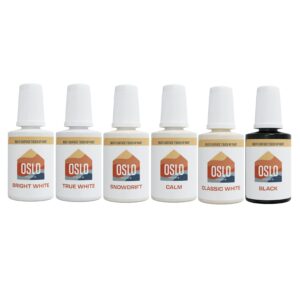 oslo home touch up paint multi-pack – 5 most popular white home and rental colors + black, w/brush in 20ml bottle, quick drying, for repairs, walls, trim, cabinets, furniture, shutters and more