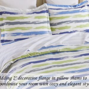 DAUAOTO Queen Size 90"X90" Duvet Cover Set, Print Cotton Teens Kids Bedding, Green Blue Striped