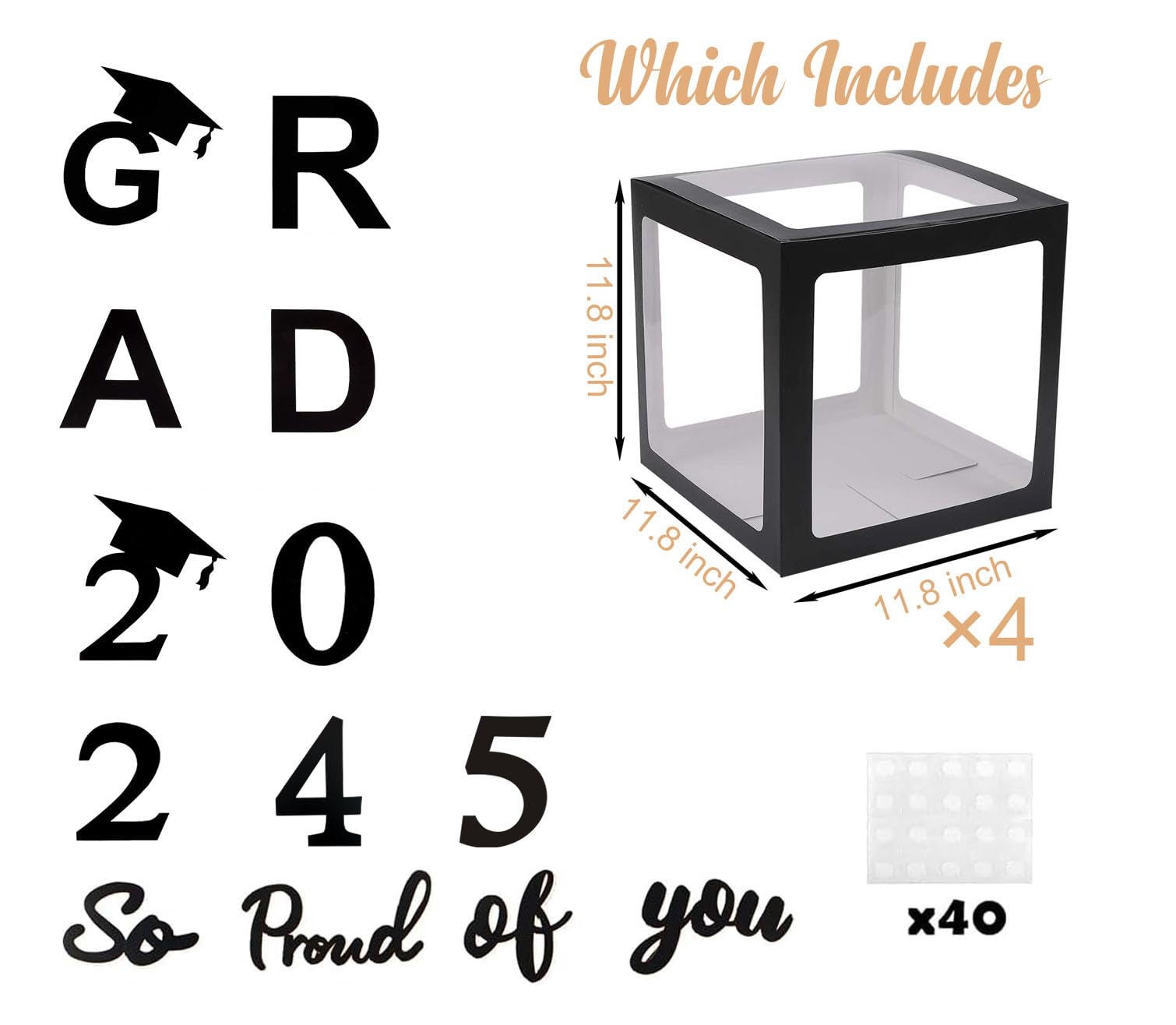 2024 2025 Graduation Party Decorations Graduate Balloon Boxes, 4 Pieces Black Balloon Boxes with Letters of GRAD, 2024/5 for Graduation Party Supplies, Class of 2024/5 School Grad Party Supplies